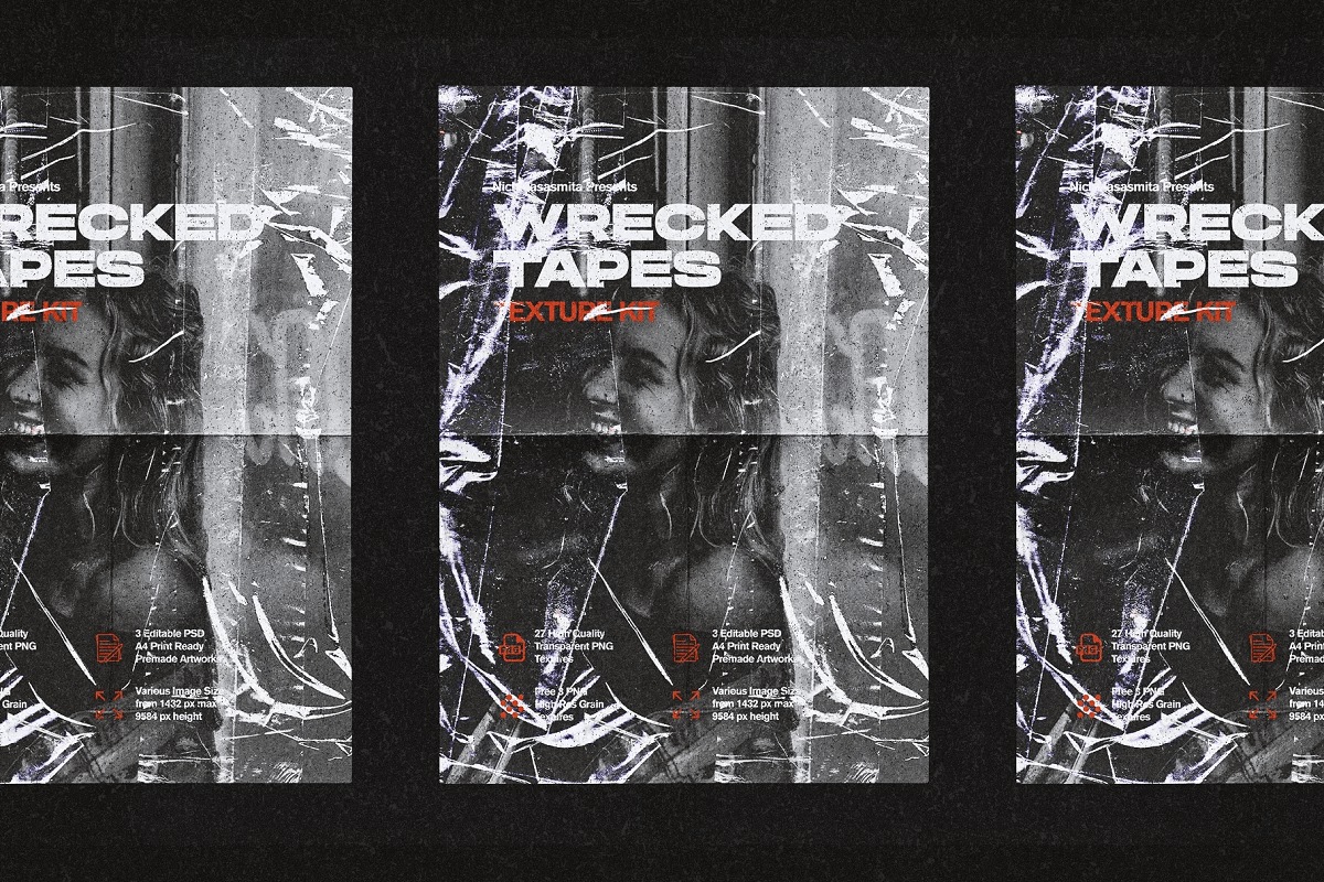 高质量复古做旧艺术纸张折痕压痕破损废旧胶带纹理素材合辑 Wrecked Tapes Texture Kit APP UI 第3张