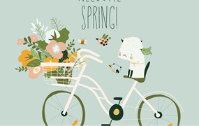 卡通自行车可爱猫咪春天概念插画 Cute cartoon cat sitting on bike with spring