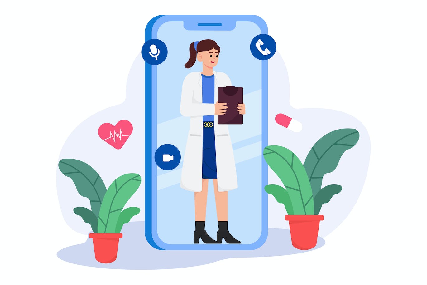 医生视频通话会诊场景插画 Doctor Consultation Via Video Call Illustration 图片素材 第1张