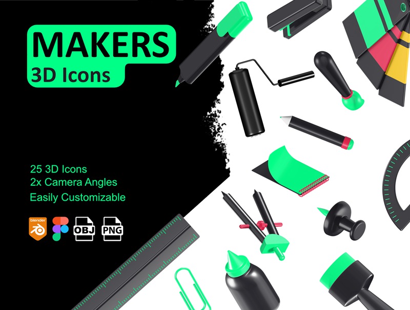 25套高分辨率可编辑Figma创意3D办公用品文具图标集合 Makers – 3D Icons 图标素材 第1张