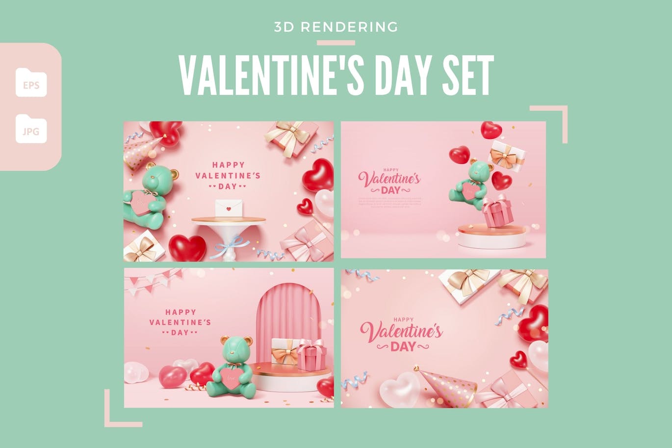 3D泰迪熊情人节插画套装 3D Teddy Bear Valentine’s Day Set 图片素材 第1张