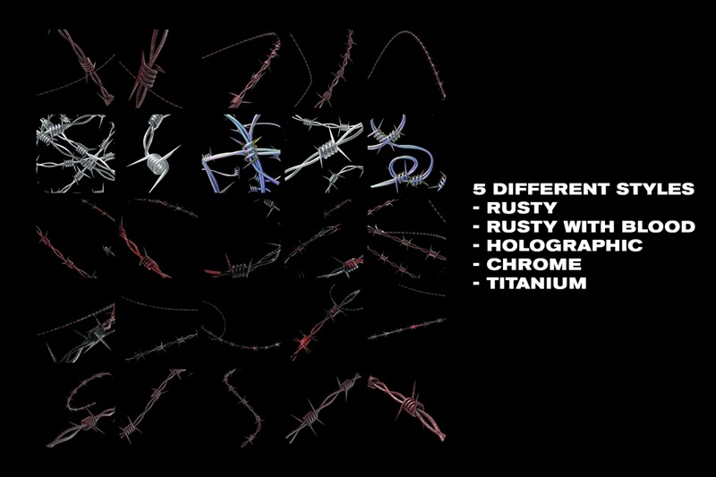 潮流酸性艺术街头服饰设计恐怖铁丝网PS笔刷PNG装饰素材 BARBED WIRE – TEXTURES 笔刷资源 第3张