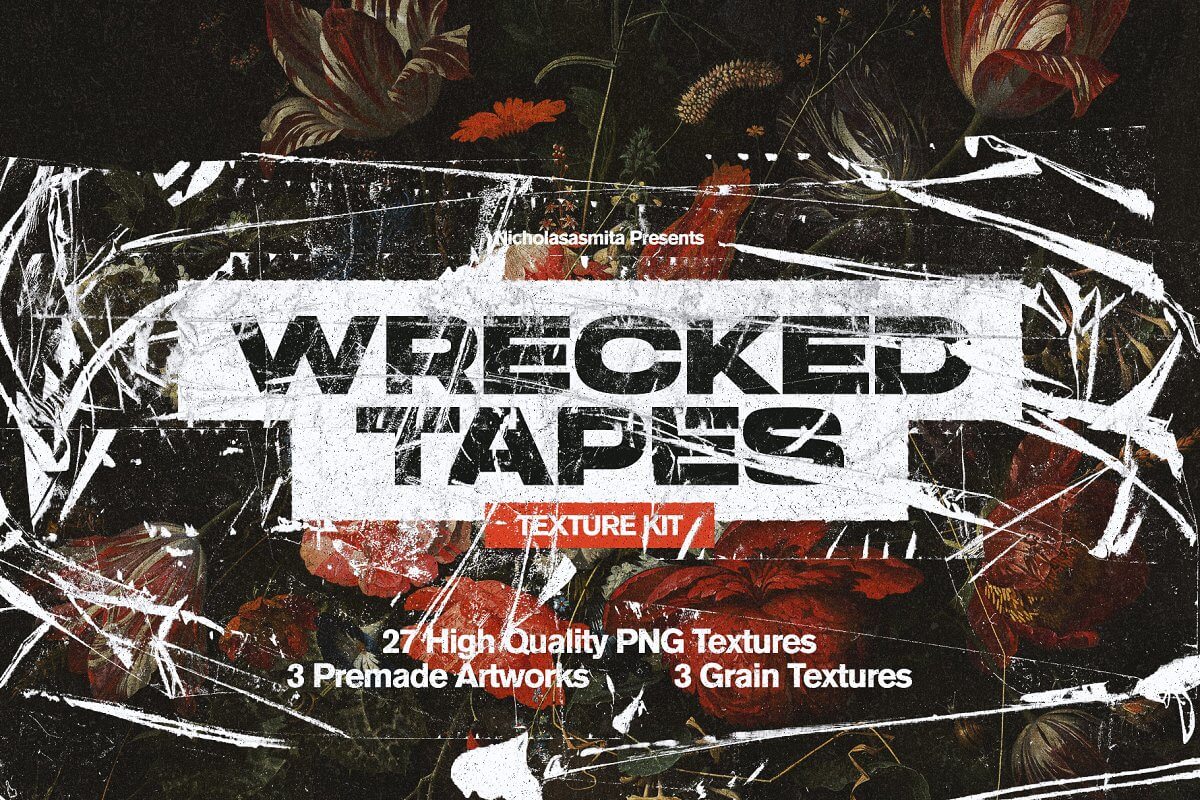 高质量复古做旧艺术纸张折痕压痕破损废旧胶带纹理素材合辑 Wrecked Tapes Texture Kit APP UI 第1张