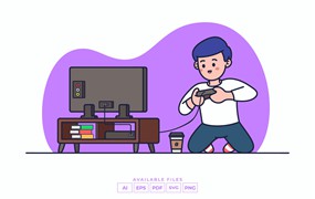 玩电子游戏场景矢量插画v2 Playing Video Game Illustration