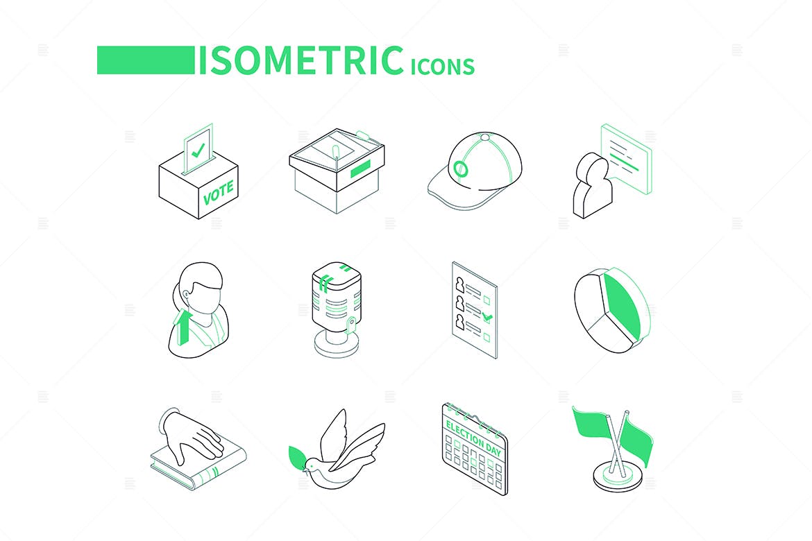 选举和投票现代线条等距图标集 Election and Voting – Line Isometric Icons Set 图标素材 第1张