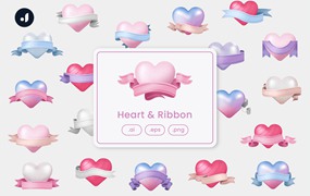 丝带爱心情人节元素插画 Heart & Ribbon Illustration