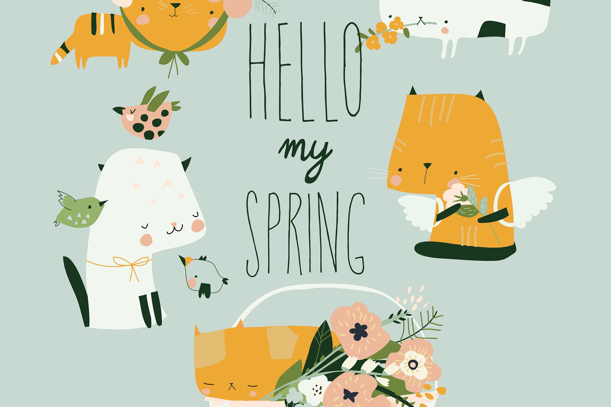 猫咪花朵矢量卡通春天插画 Vector cartoon set of funny cats with spring flowe 图片素材 第1张