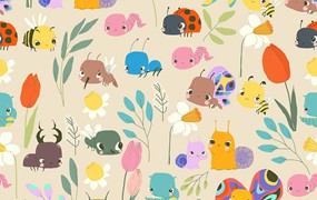 可爱昆虫植物矢量无缝图案 Vector Seamless Pattern with Cute Baby Insects