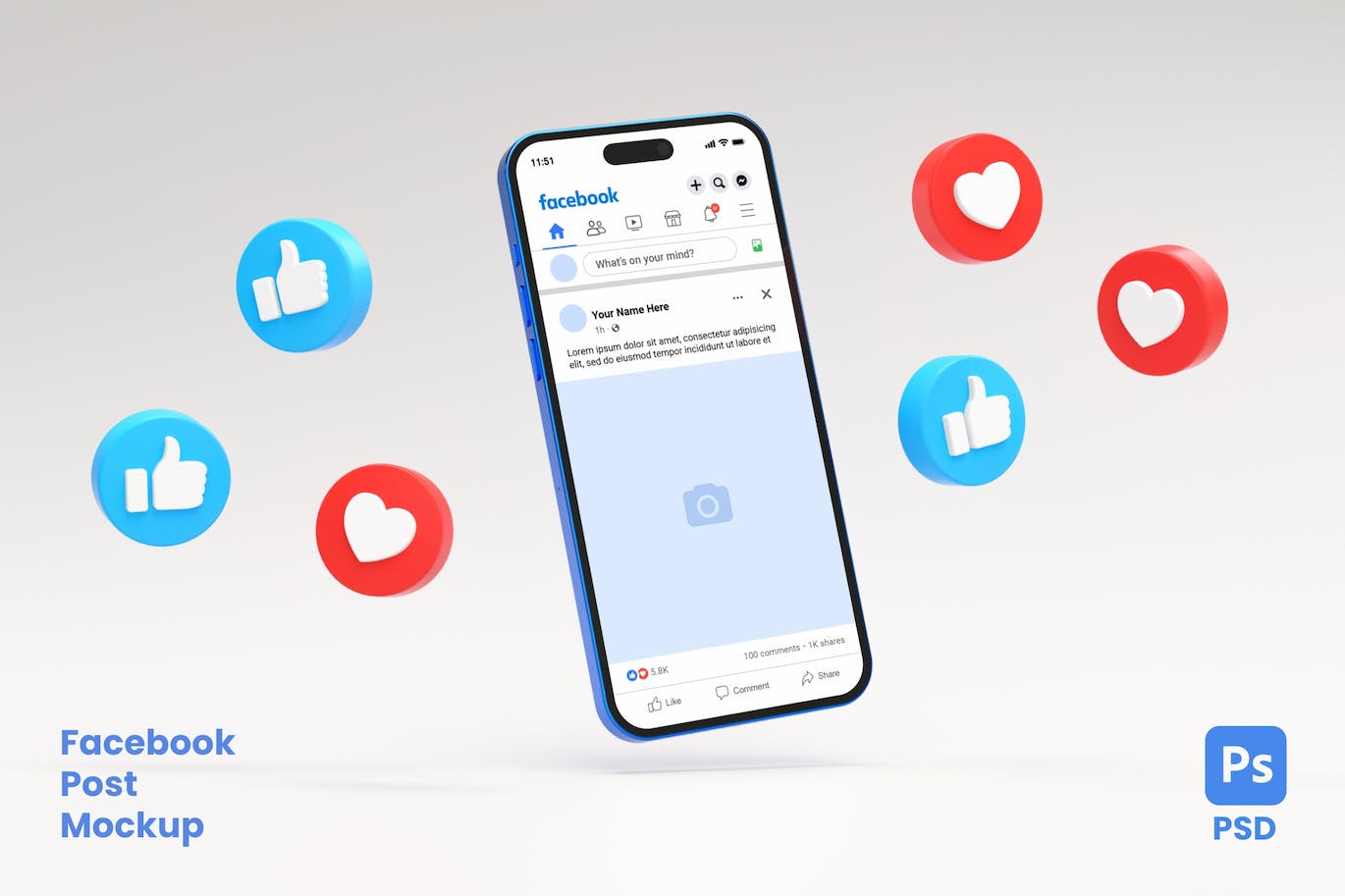 社交按钮元素iPhone手机屏幕样机图 Facebook Post Mockup 样机素材 第1张