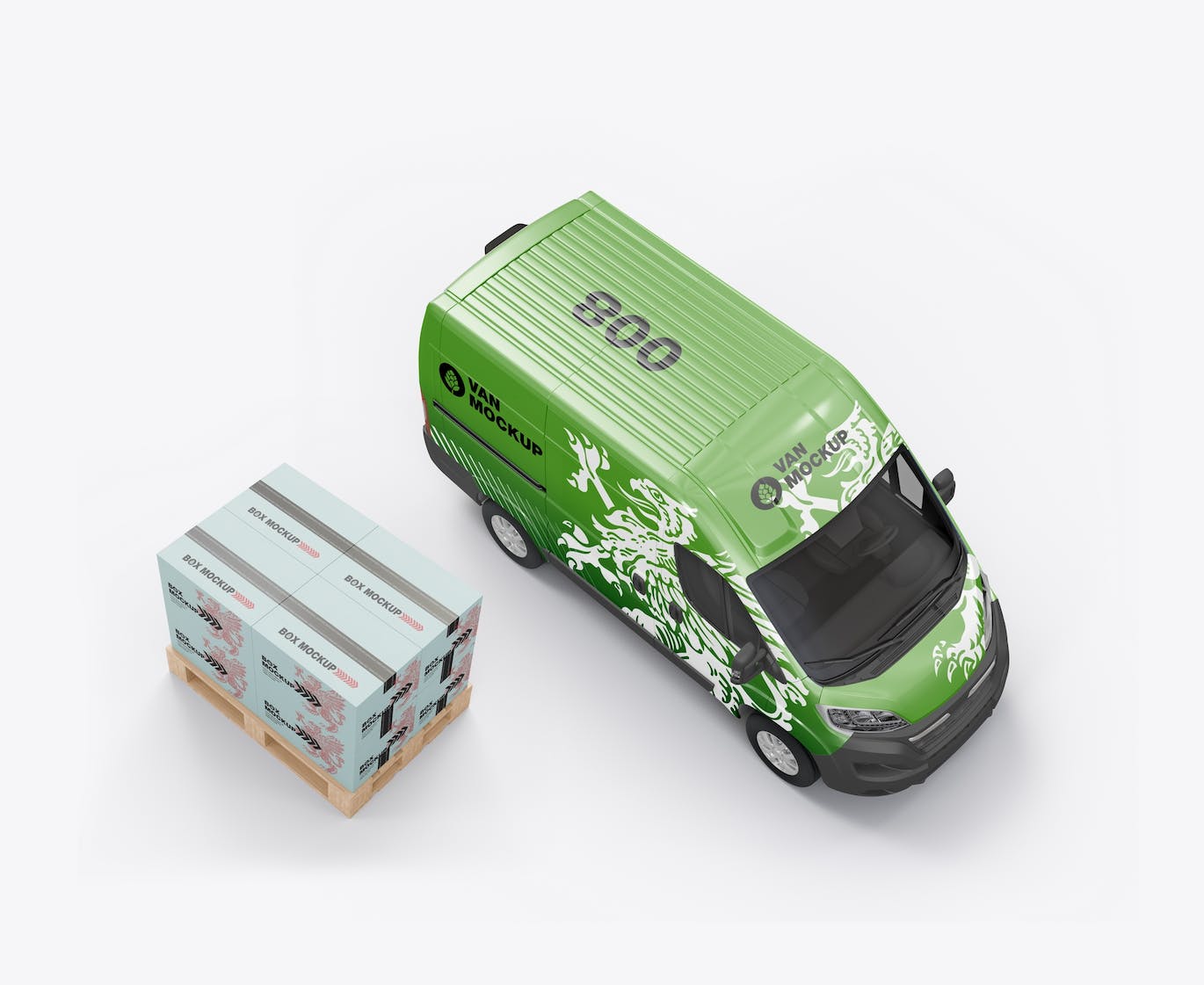 货物托盘纸箱&货车设计样机图 Set Panel Van with Pallet and Boxes Mockup 样机素材 第7张