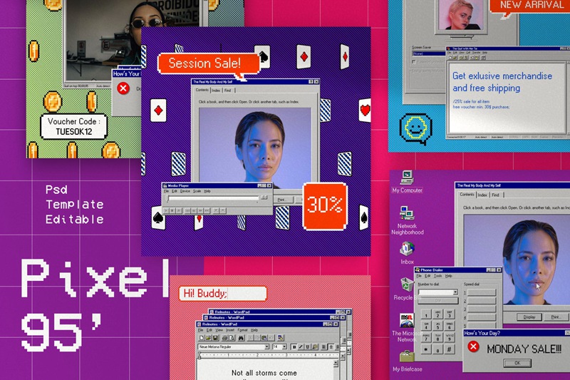 潮流复古Win95元素毛刺纹理贴纸像素化可编辑PSD模板 Pixel 95 – Insta Story & Post Social Media 设计素材 第1张