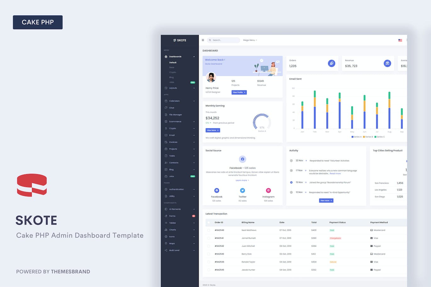 PHP后台管理仪表盘模板 Skote – Cake PHP Admin Dashboard Template APP UI 第1张