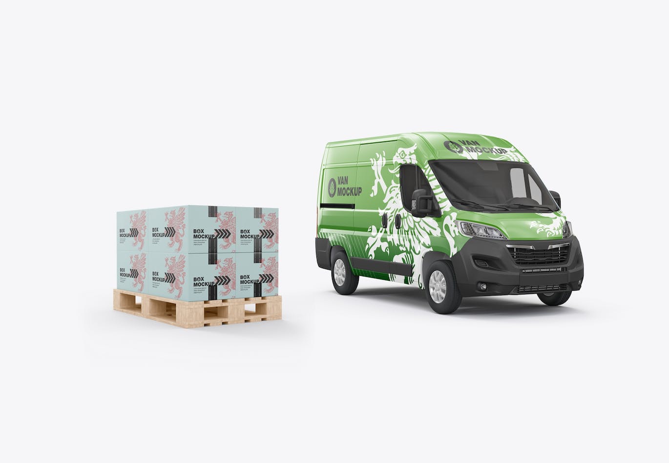 货物托盘纸箱&货车设计样机图 Set Panel Van with Pallet and Boxes Mockup 样机素材 第9张