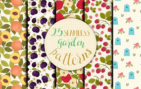 蔬菜水果和鸟类无缝图案 Garden Seamless Patterns