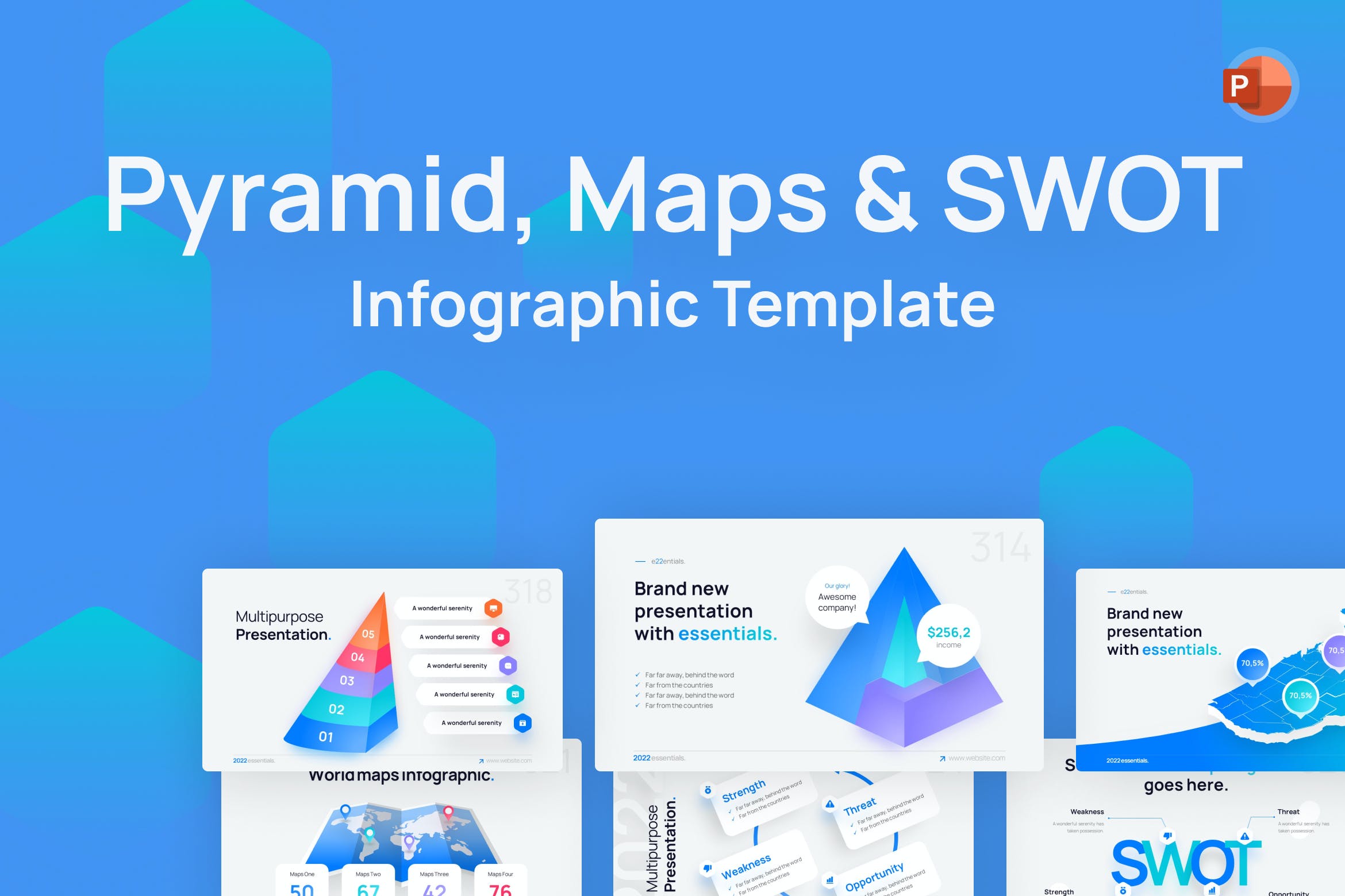 金字塔/地图和SWOT分析PPT幻灯片设计模板 Pyramid, Maps & SWOT PowerPoint Template 幻灯图表 第1张