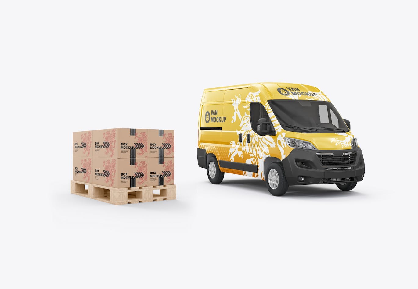 货物托盘纸箱&货车设计样机图 Set Panel Van with Pallet and Boxes Mockup 样机素材 第3张