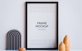 美学装饰白墙照片黑画框相框样机 Photo Frame Mockup On Table With 3D Decoration