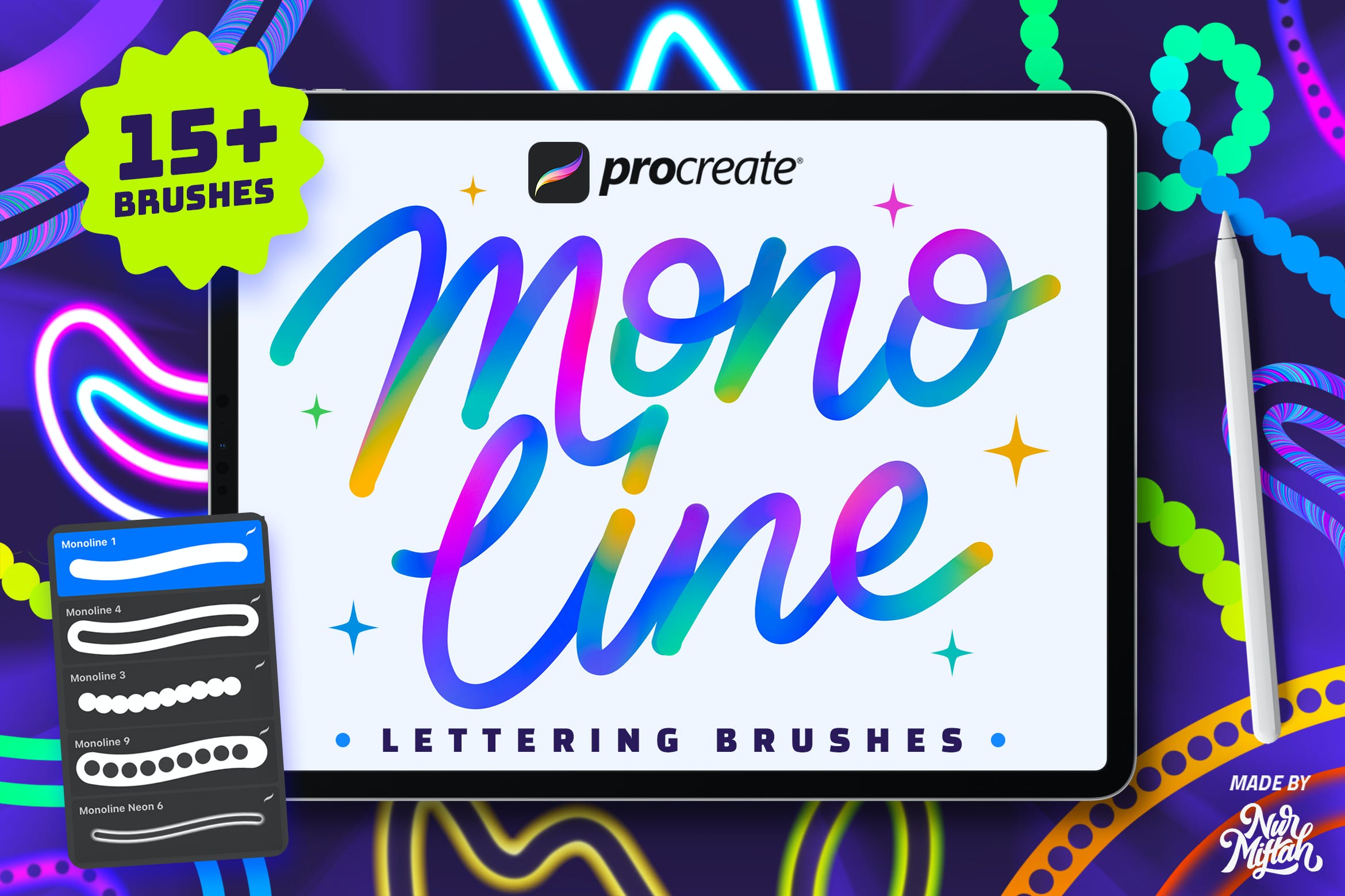 Procreate彩虹霓虹单线条写字笔刷 Procreate Monoline Lettering Brushes 笔刷资源 第1张