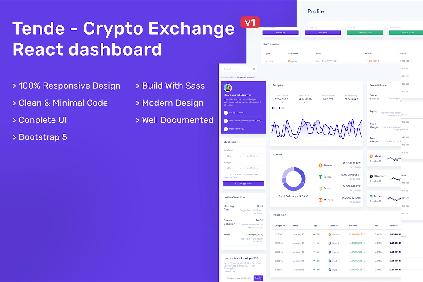 加密货币交易所React仪表板模板 Tende – Cryptocurrency Exchange React Dashboard APP UI 第1张