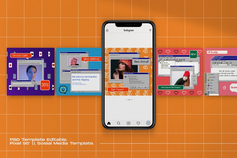 潮流复古Win95元素毛刺纹理贴纸像素化可编辑PSD模板 Pixel 95 – Insta Story & Post Social Media 设计素材 第4张