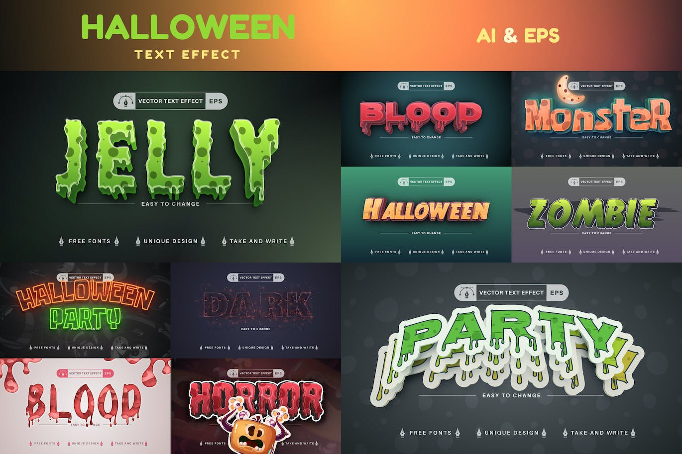 10个万圣节主题矢量文本效果字体样式 Set 10 Halloween Text Effects, Font Styles 插件预设 第1张