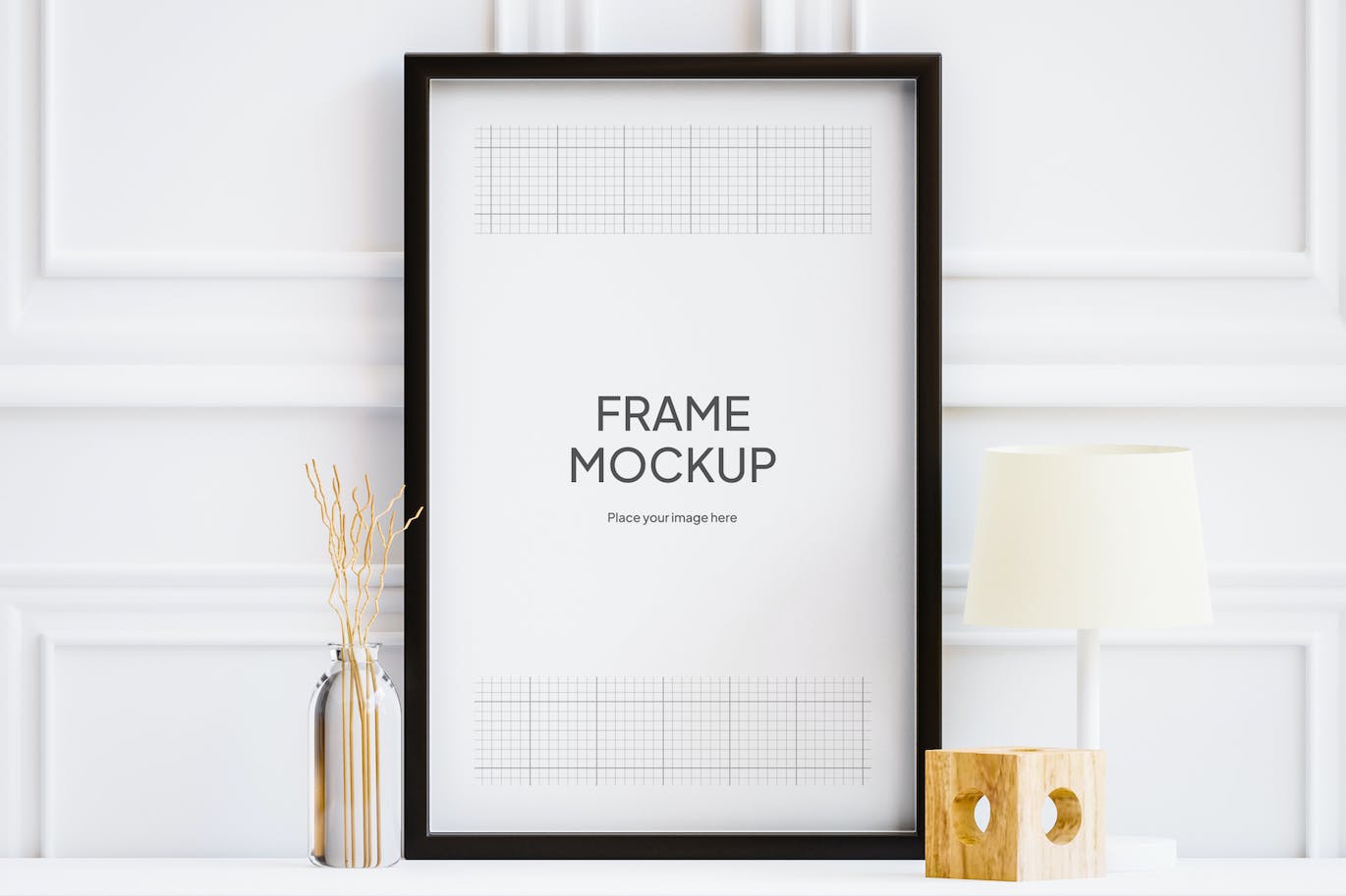 3D灯和美学装饰照片黑画框样机 Photo Black Frame Mockup With 3D Decoration 样机素材 第1张