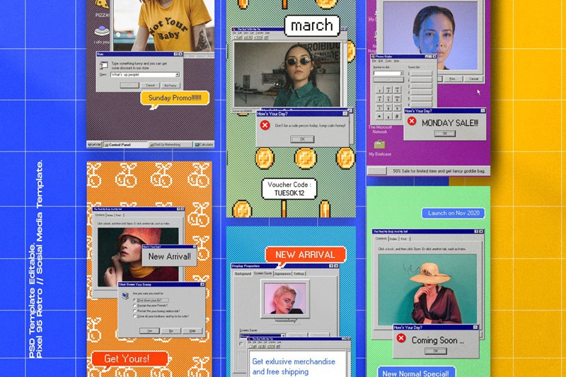 潮流复古Win95元素毛刺纹理贴纸像素化可编辑PSD模板 Pixel 95 – Insta Story & Post Social Media 设计素材 第2张