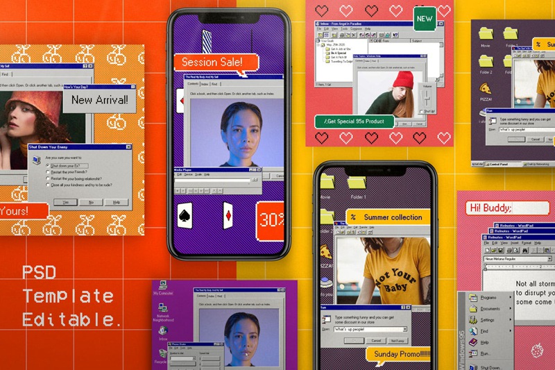 潮流复古Win95元素毛刺纹理贴纸像素化可编辑PSD模板 Pixel 95 – Insta Story & Post Social Media 设计素材 第3张