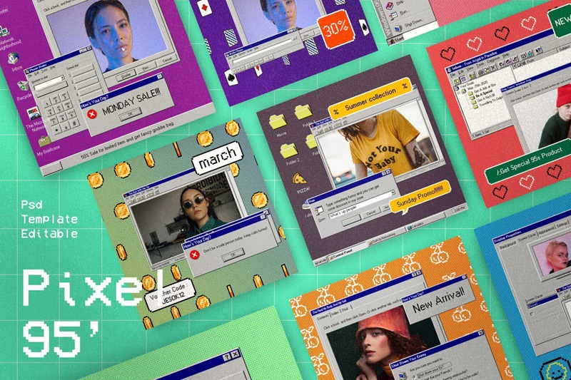潮流复古Win95元素毛刺纹理贴纸像素化可编辑PSD模板 Pixel 95 – Insta Story & Post Social Media 设计素材 第5张