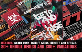 360+赛博朋克网络危险标志编号贴花套装PNG素材 360+ CyberPunk decals Bundle