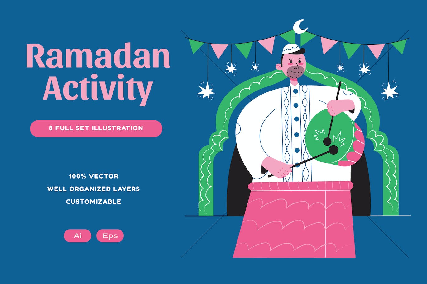 蓝色平面设计斋月活动插画套件 Blue Flat Design Ramadan Activity Illustration Set 图片素材 第1张