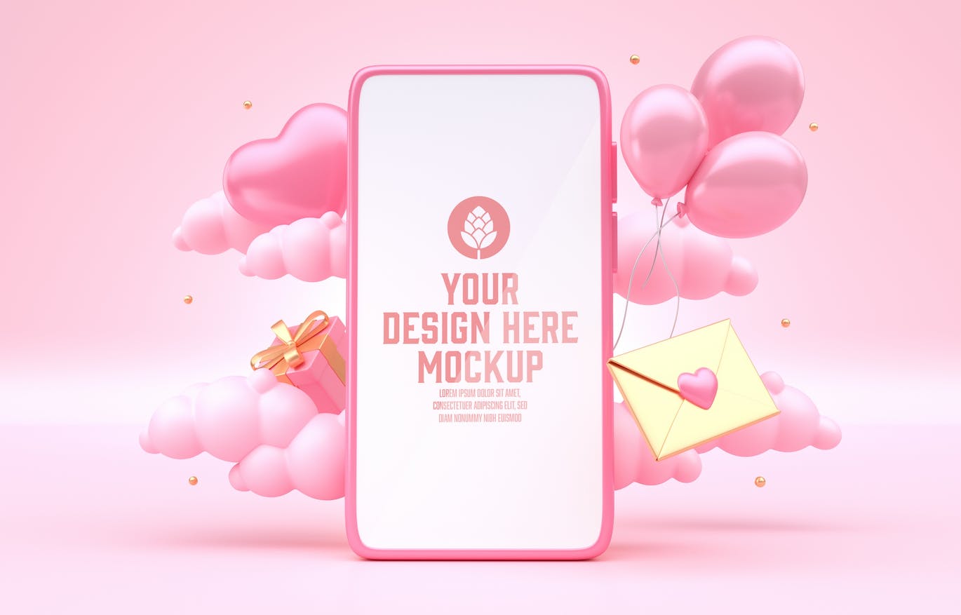 情人节3D装饰手机屏幕样机图psd素材 Set Valentine’s Day Concept with Mobile Mockup 样机素材 第7张