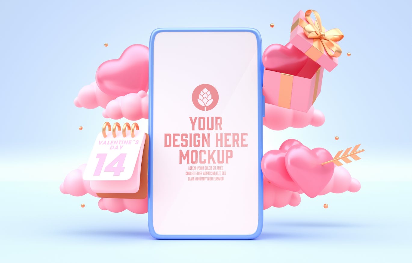 情人节3D装饰手机屏幕样机图psd素材 Set Valentine’s Day Concept with Mobile Mockup 样机素材 第2张