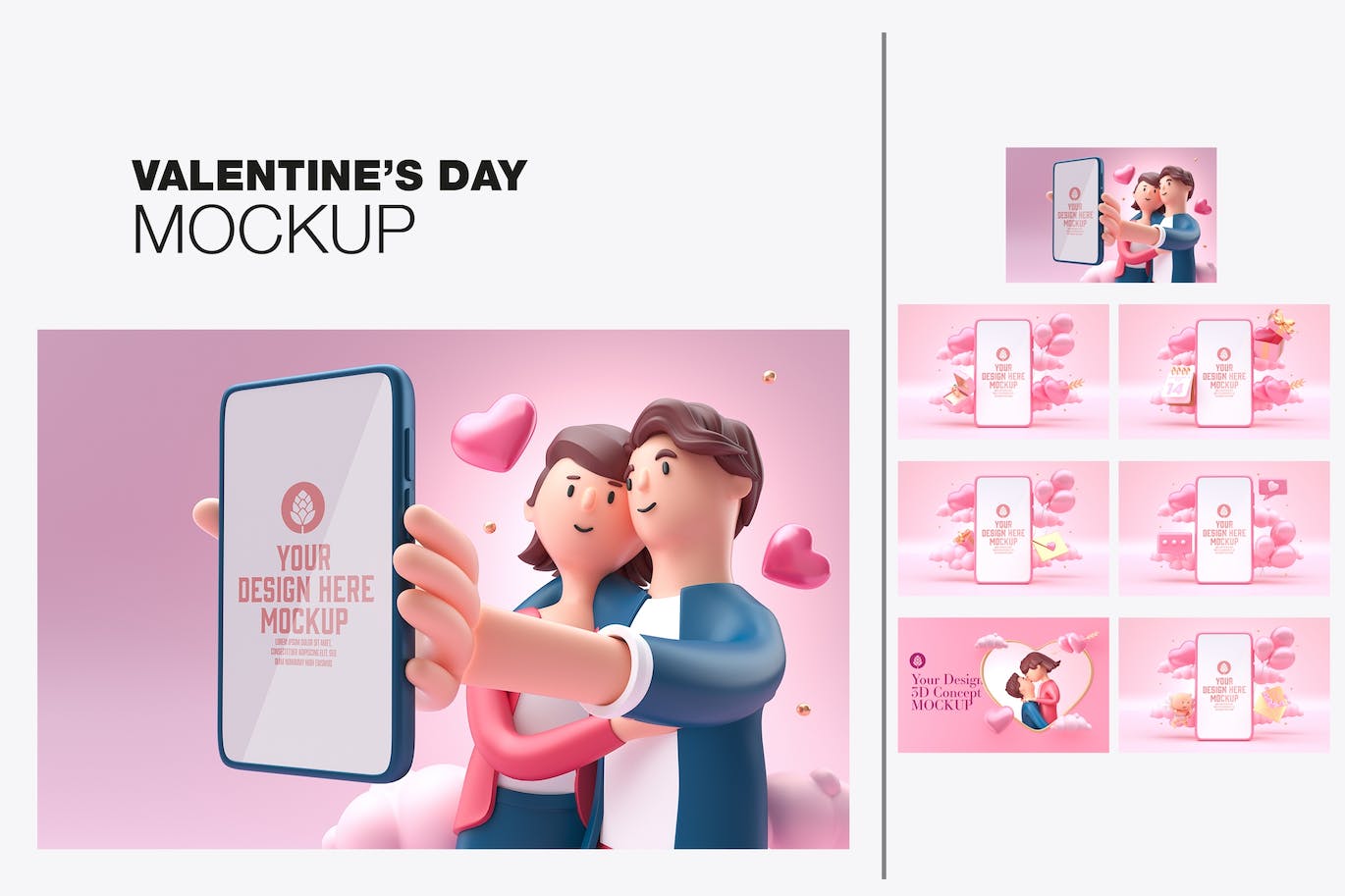 情人节3D装饰手机屏幕样机图psd素材 Set Valentine’s Day Concept with Mobile Mockup 样机素材 第1张