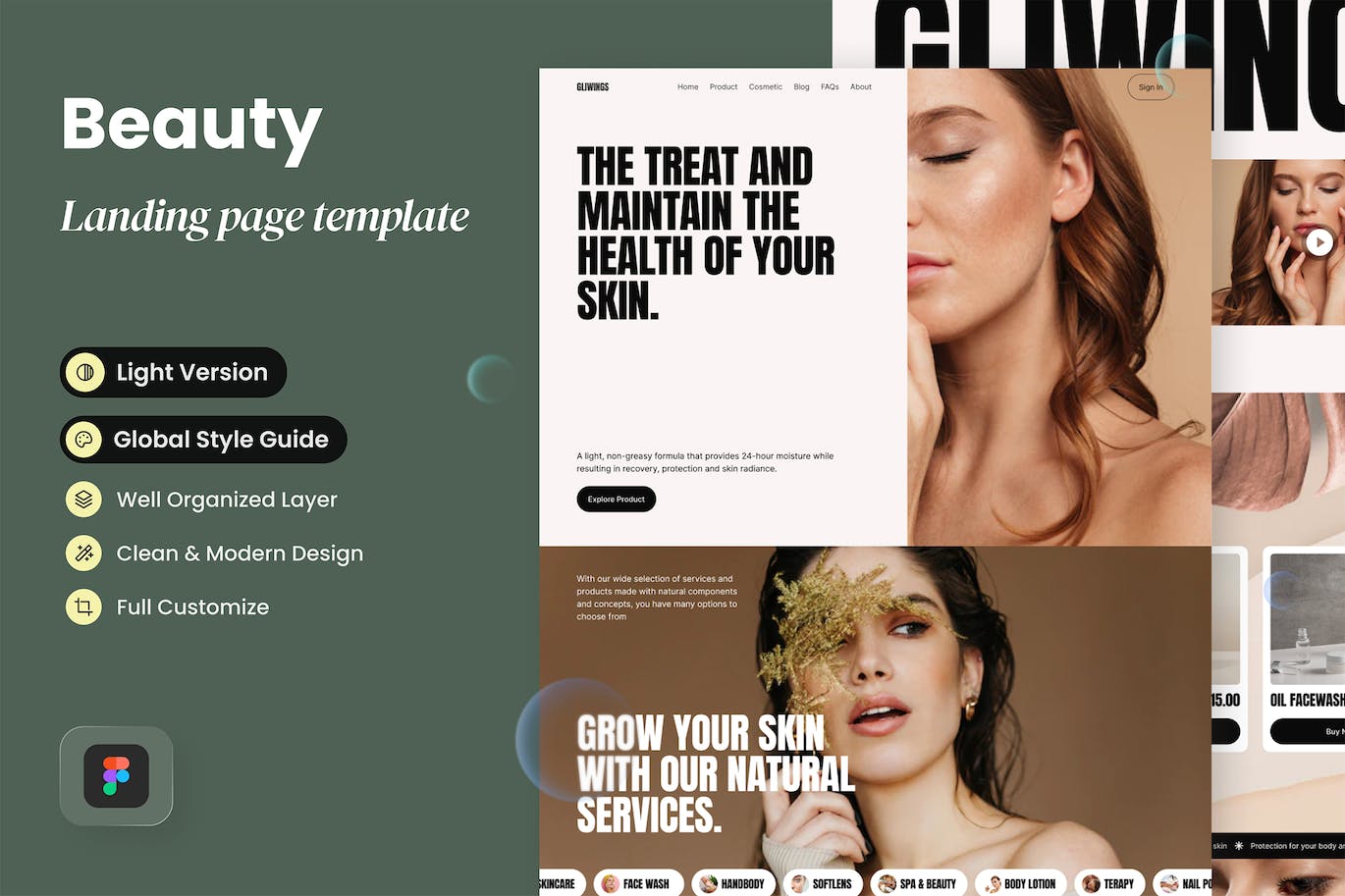 美容网站着陆页设计模板 Gliwings – Beauty Landing Page APP UI 第1张