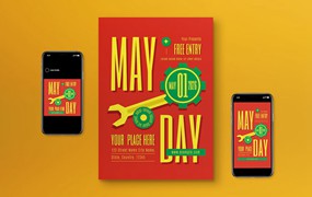 橙色现代五一劳动节宣传单设计 Orange Modern May Day Flyer Set