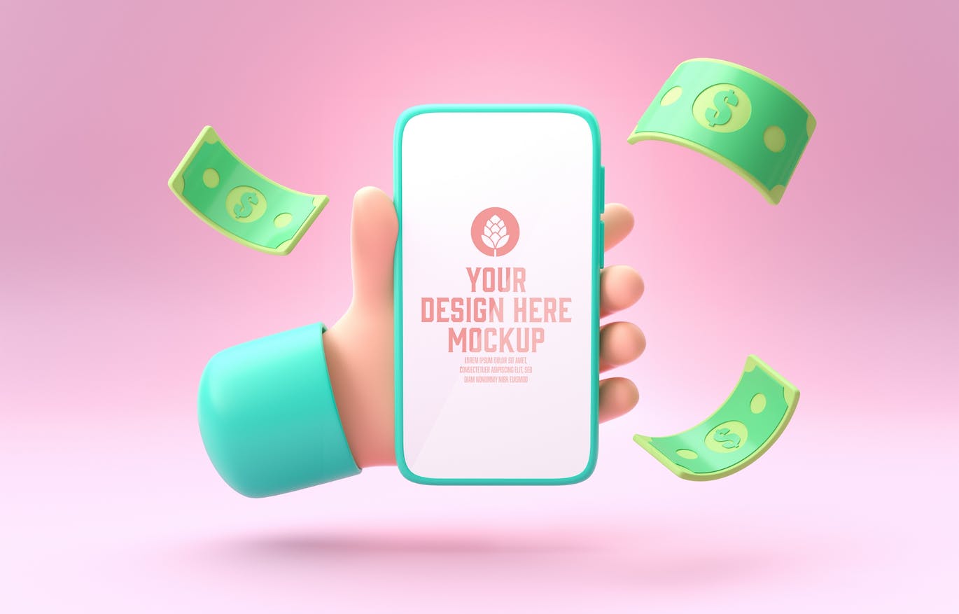 3D钱币概念手机屏幕样机图psd素材 Smartphone With Objects. Money Concept Mockup 样机素材 第9张