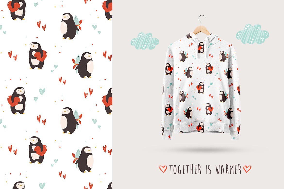 情人节主题无缝企鹅图案 Valentine’s Seamless Patterns with Penguins 图片素材 第5张