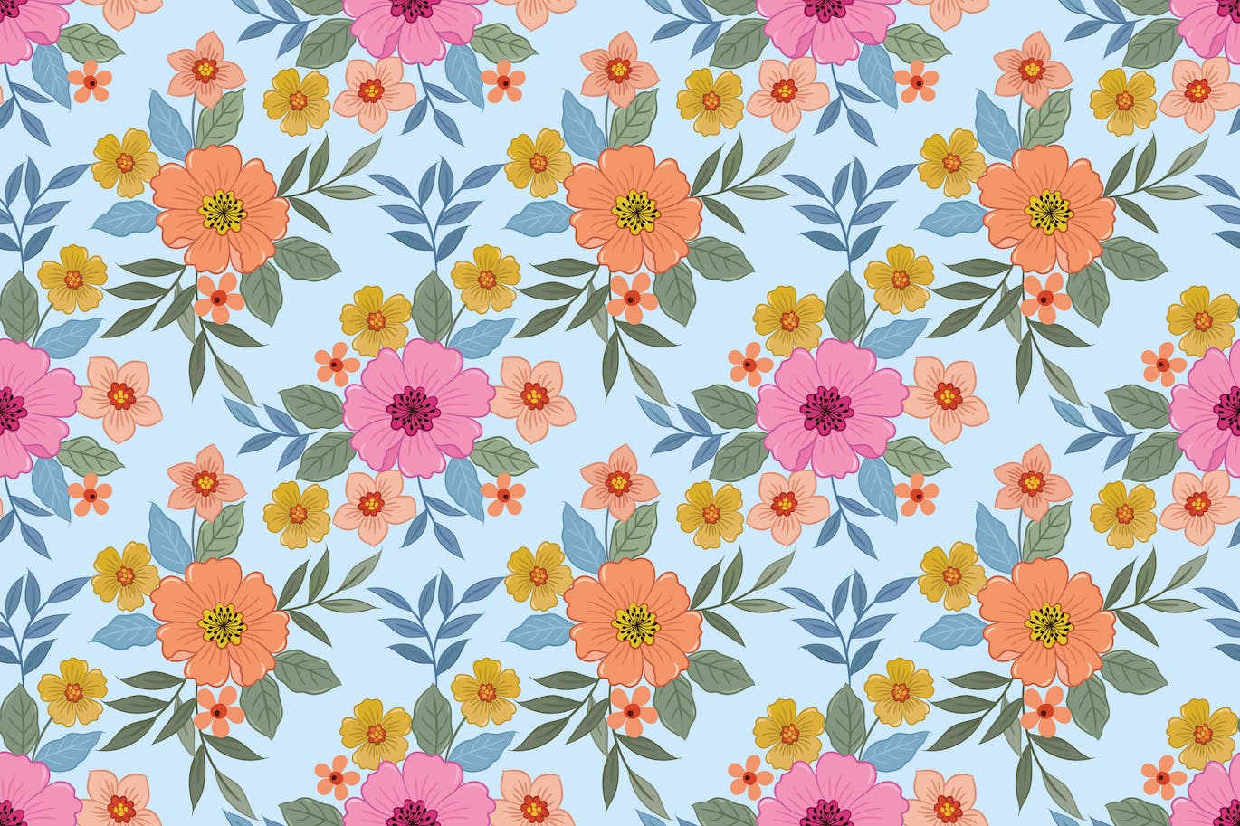 五颜六色花朵绿叶无缝图案素材 Colorful flowers with green leaf seamless pattern. 图片素材 第1张