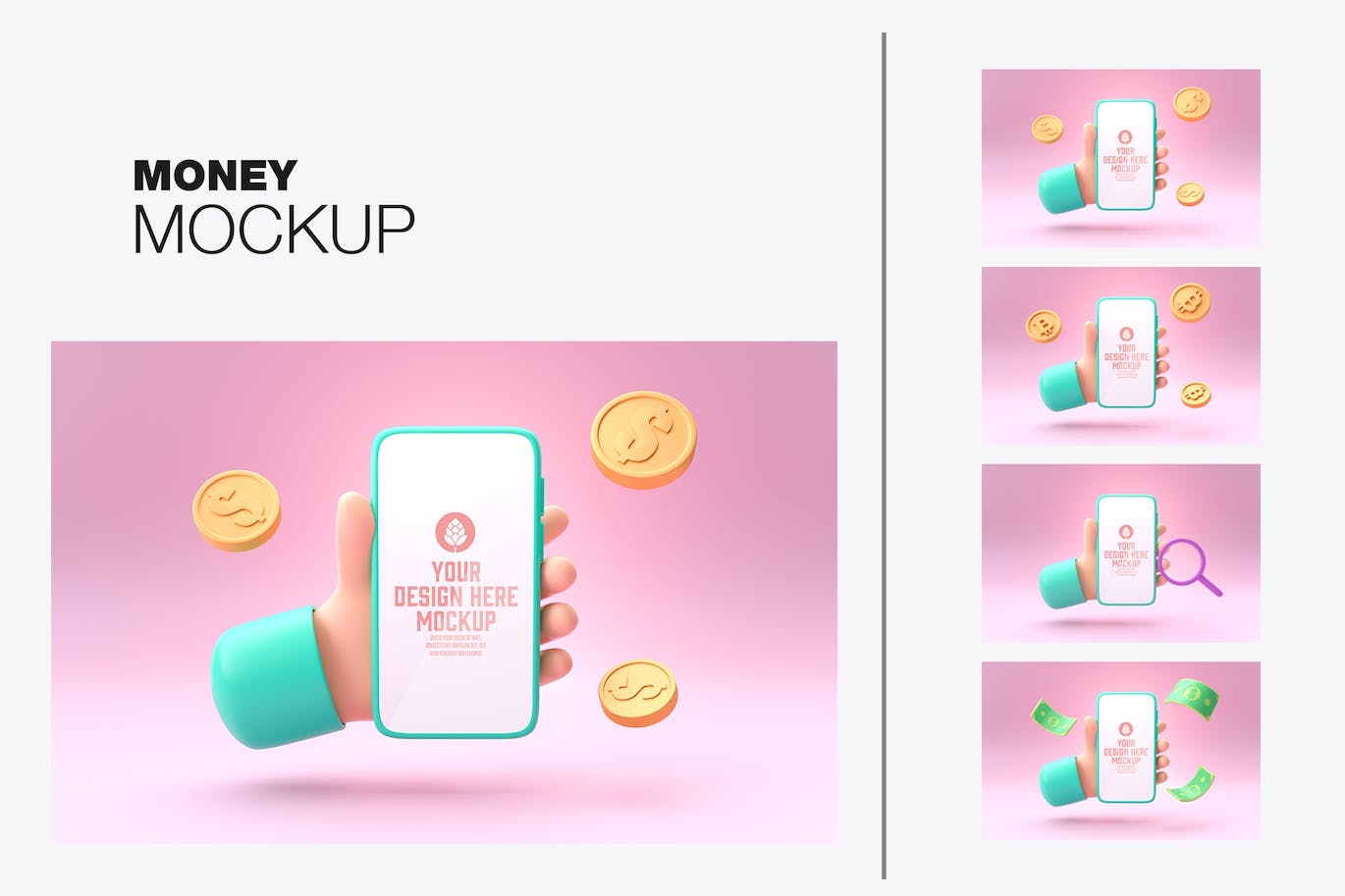 3D钱币概念手机屏幕样机图psd素材 Smartphone With Objects. Money Concept Mockup 样机素材 第1张