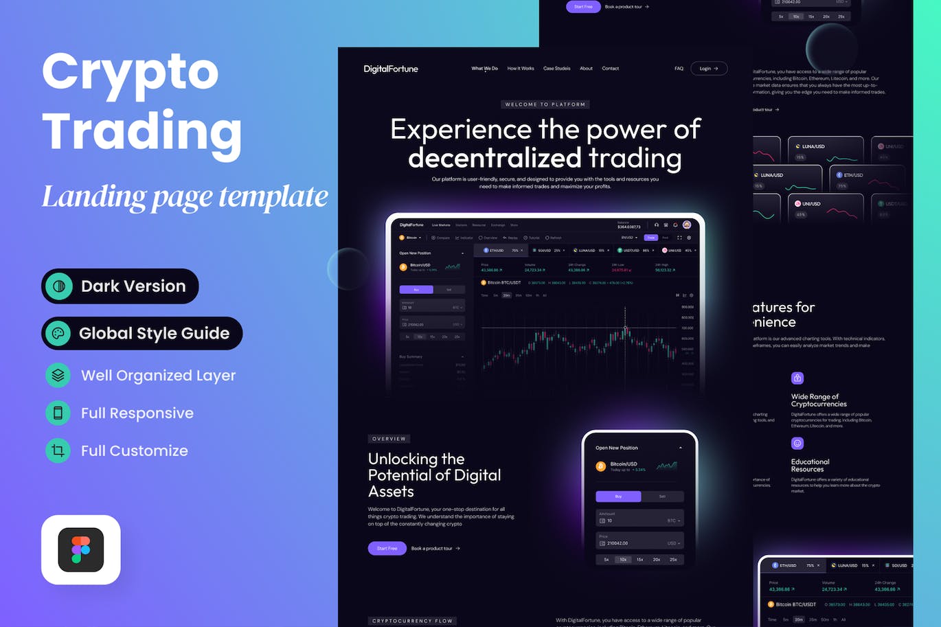 加密交易网站着陆页设计模板 DigitalFortune – Crypto Trading Landing Page APP UI 第1张