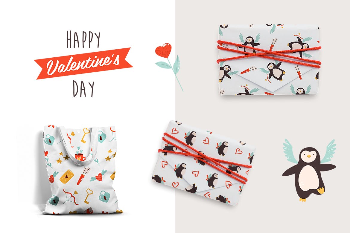 情人节主题无缝企鹅图案 Valentine’s Seamless Patterns with Penguins 图片素材 第4张