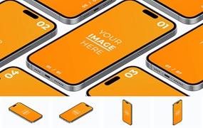 等距视图iPhone 14 Pro手机样机图 Phone 14 Isometric View Mockup Pack