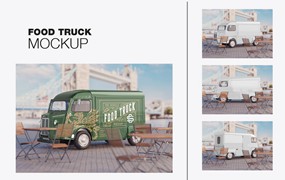 复古餐车广告场景样机图 Set Vintage Food Truck Scene Mockup