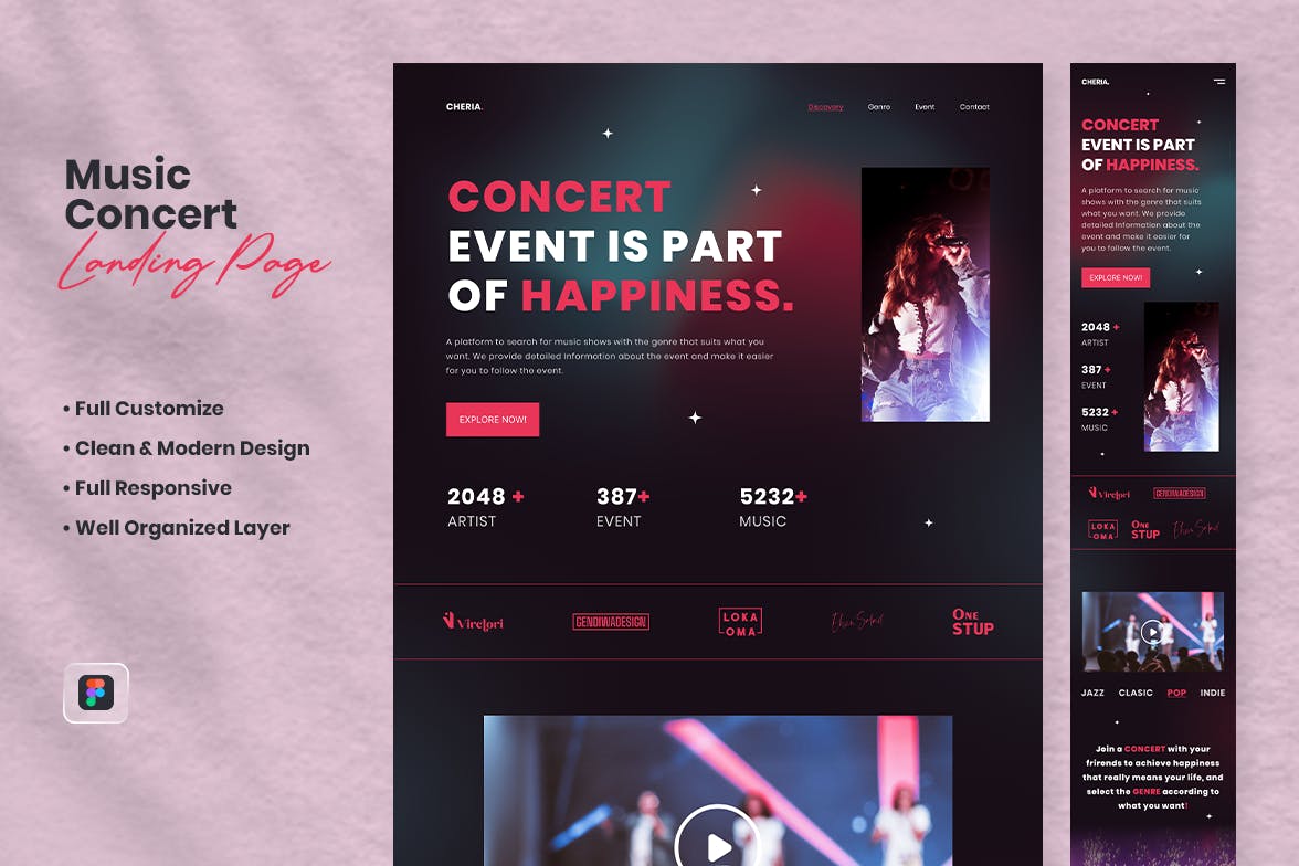 音乐演唱会网站着陆页设计模板 Music Concert Landing Page – Cheria APP UI 第1张