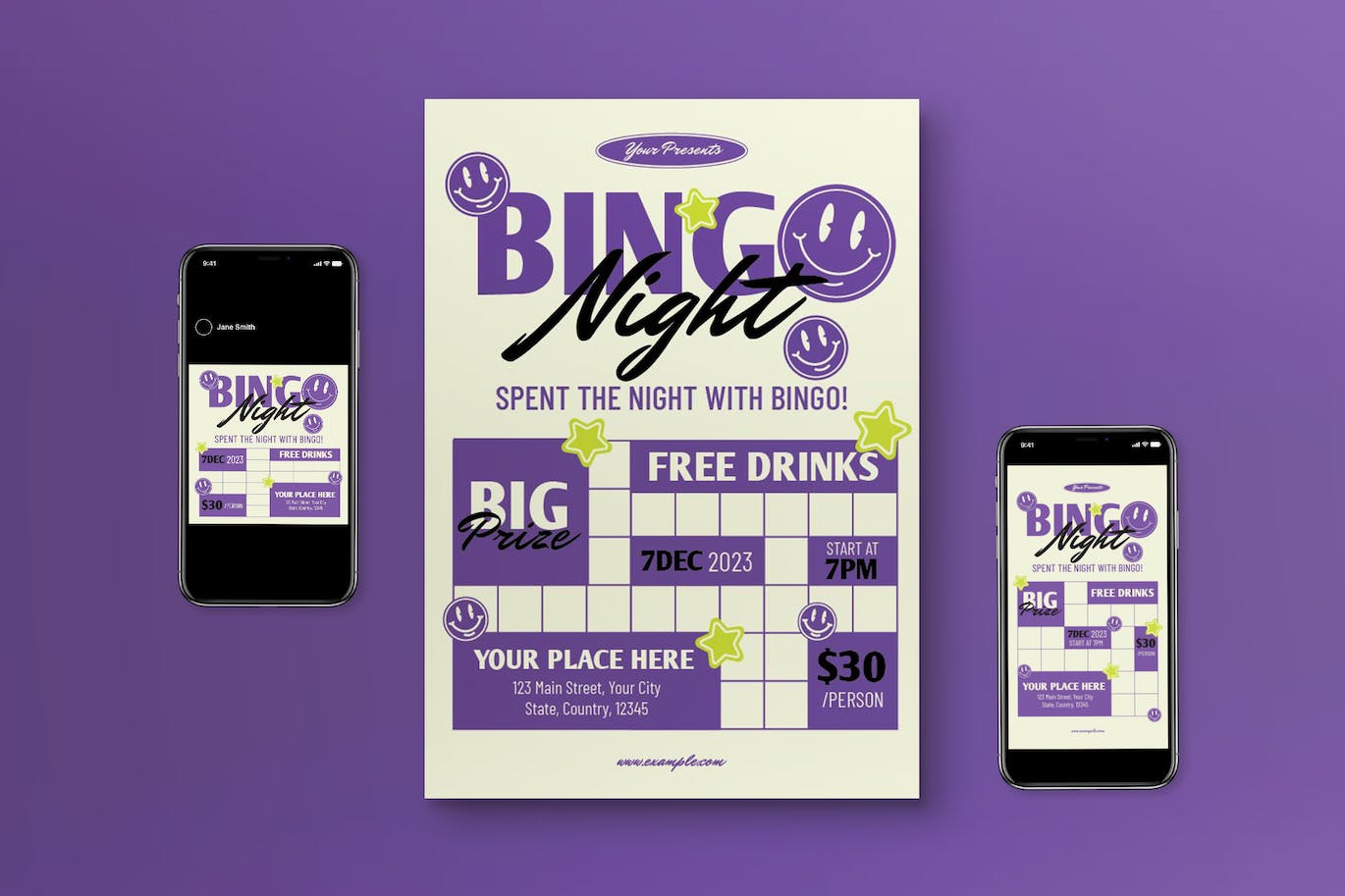 紫色宾果晚会海报传单设计模板 Purple Bingo Night Flyer Set 设计素材 第1张