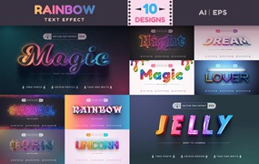 10种渐变彩虹矢量文字效果字体样式 Set 10 Rainbow Editable Text Effects, Font Styles