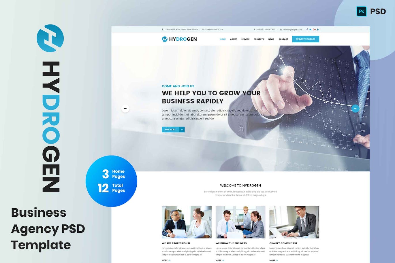 公司和商业网站着陆页PSD模板 Hydrogen – Corporate & Business Psd Template APP UI 第1张