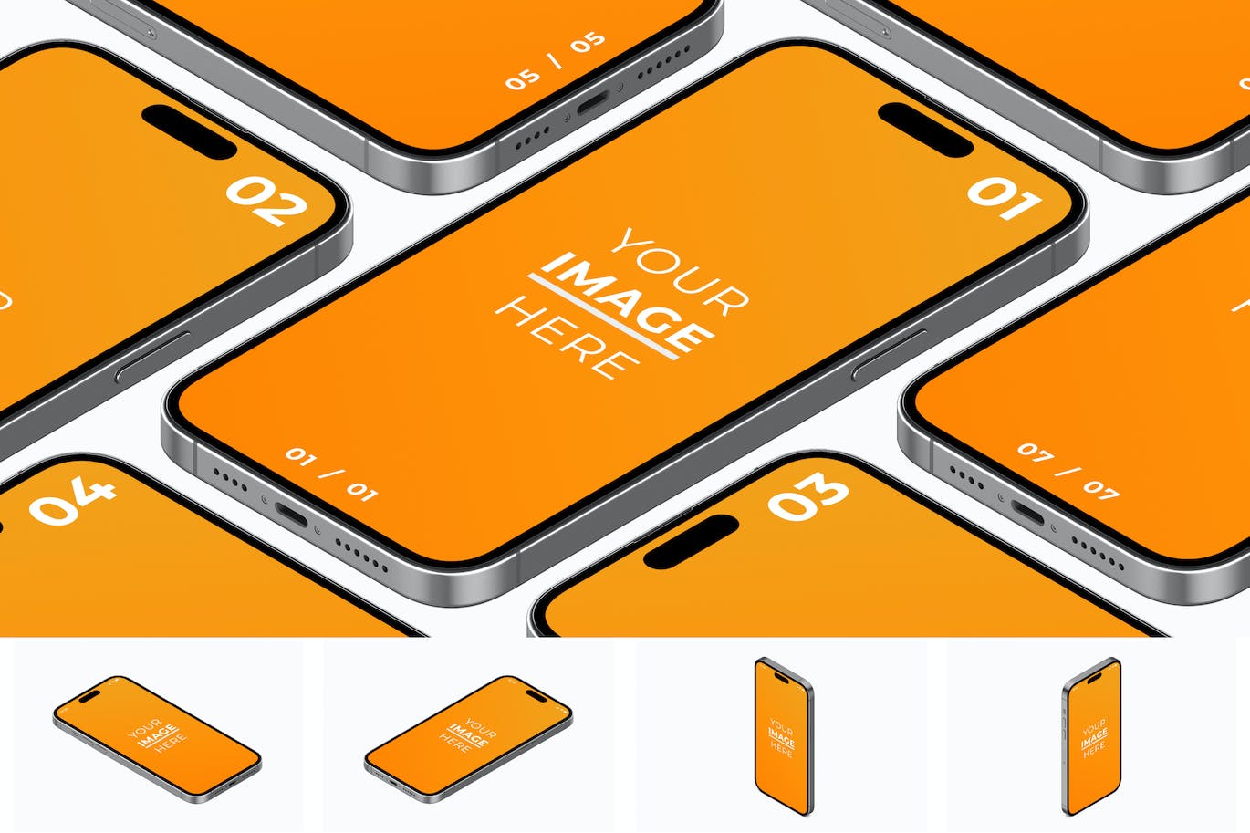 等距视图iPhone 14 Pro手机样机图 Phone 14 Isometric View Mockup Pack 样机素材 第1张