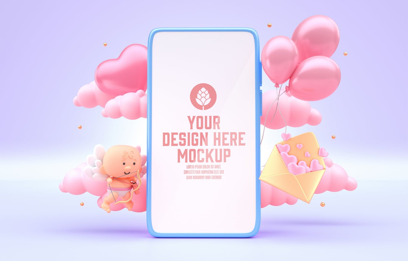 情人节3D装饰手机屏幕样机图psd素材 Set Valentine’s Day Concept with Mobile Mockup 样机素材 第8张